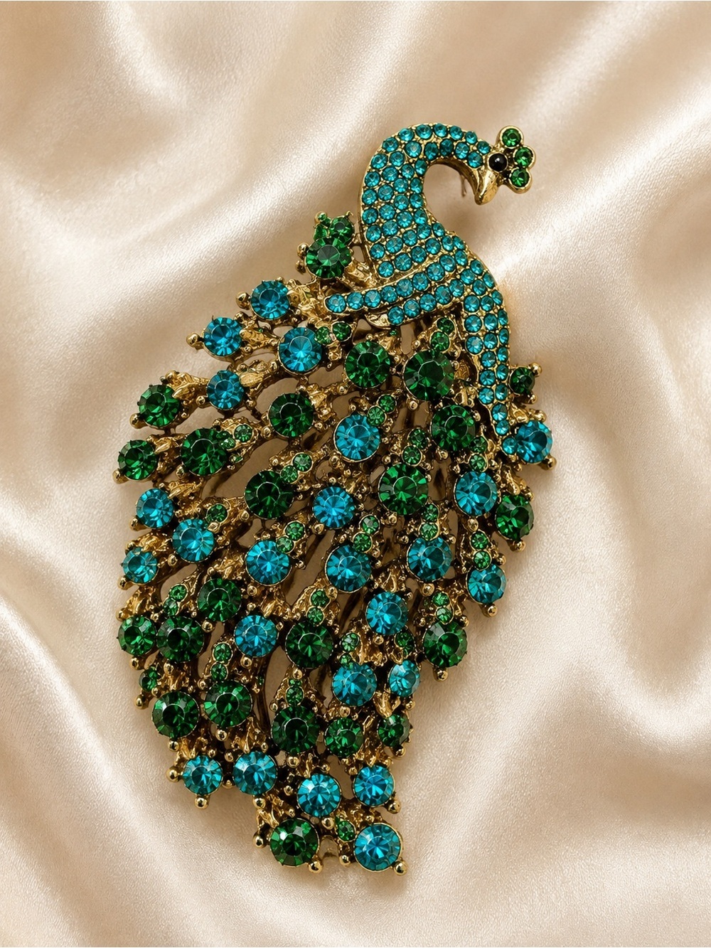Peacock Rhinestone Brooch – Green & Turquoise Crystal Gold-Tone Pin